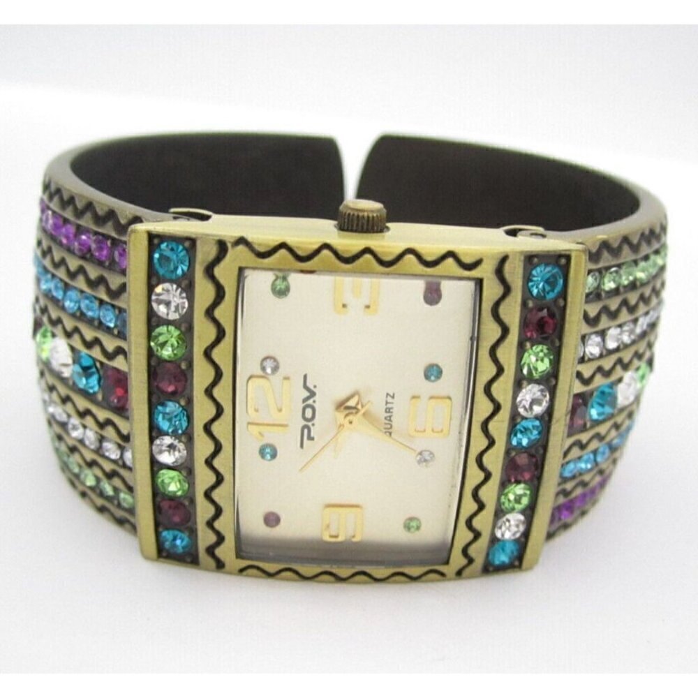 Women POV Multicolor Quartz WR Analog 28mm Dial Causal Bangle Cuff Watch (G541)